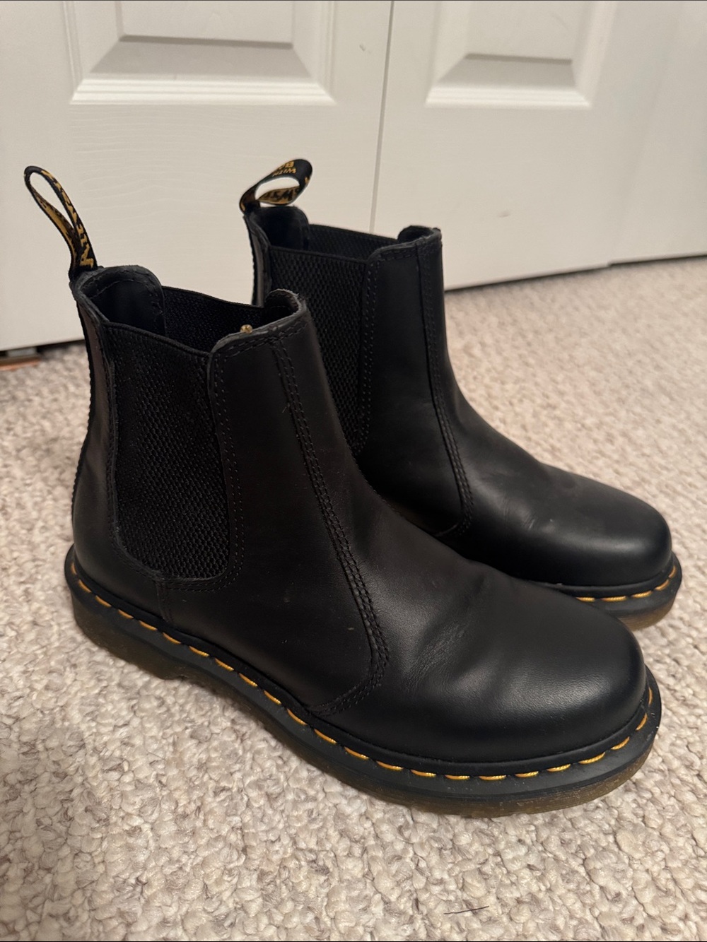 Dr. Martens Black Leather Chelsea Boots with Yellow Stitching Accent